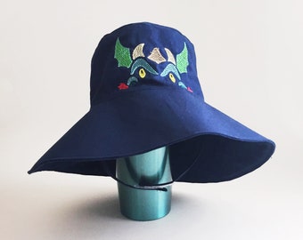 Boys Toddler XS Wide Brim Navy Dragon Bucket Hat, Chinstrap, for the Beach, Sun and Outdoors