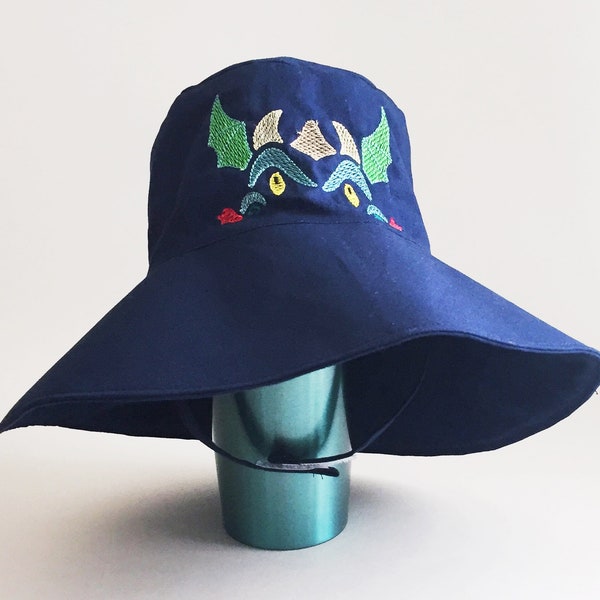 Boys Toddler XS Wide Brim Navy Dragon Bucket Hat, Chinstrap, for the Beach, Sun and Outdoors