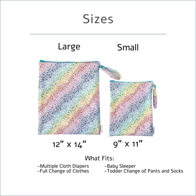 May include: Two reusable bags with a rainbow speckled pattern. The large bag measures 12" x 14" and the small bag measures 9" x 11". Text on the image indicates the bags can hold multiple cloth diapers, a full change of clothes, a baby sleeper, and a toddler change of pants and socks.