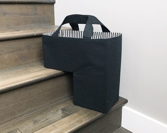 Stair Basket Sewing Tutorial, The Stair Duffel PDF Tutorial, DIY storage basket, stair basket, staircase bin, deck accessory