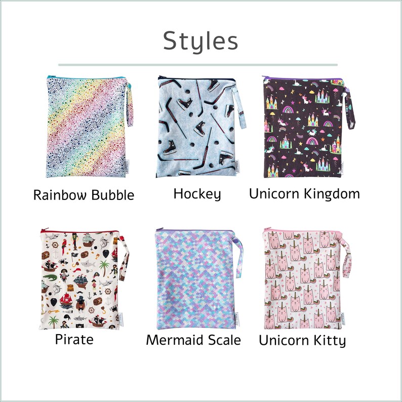May include: Six reusable zippered bags with different patterns. Designs include a rainbow bubble, hockey sticks, a unicorn kingdom, pirate theme, mermaid scale, and unicorn kitty. The word "Styles" is at the top of the image.