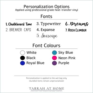 May include: Image showcasing personalization options for products. It lists seven font styles: Chalkboard Time, BREAKER CAPS, Typewriter, Expanse, Seascape, Dreams, and Rock Climber. Font colors include white, black, royal blue, sky blue, neon pink, and purple.