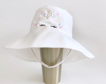 Girl Unicorn Toddler XS Wide Brim Bucket Hat, Chinstrap, for the Beach, Sun and Outdoors