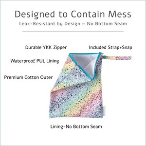 May include: A colorful, leak-resistant bag with a rainbow dot pattern. Features include a durable YKK zipper, waterproof PUL lining, and a premium cotton outer. The bag has a strap with a snap closure and the text "Designed to Contain Mess".