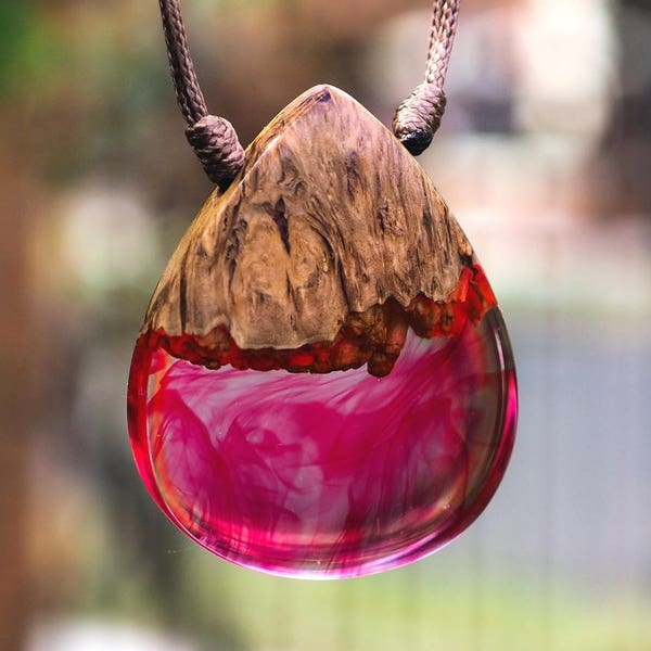 Pink Swirls Resin and Wood Pendant; Wood and Resin Jewelry, Wood and Resin Pendant, Resin Jewelry