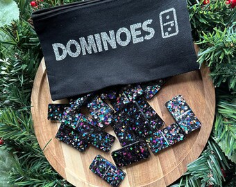 Black rainbow holographic glitter domino set with zipper pouch I sparkly domino set I glittery game set I resin dominoes