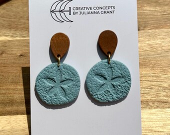 Handmade polymer clay teal sand dollar earrings (for pierced ears), textured sand dollar earrings with wooden connectors