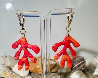 Handmade Polymer Clay Coral Pink Orange Rose Gold Glitter Coral Earrings (for pierced ears)