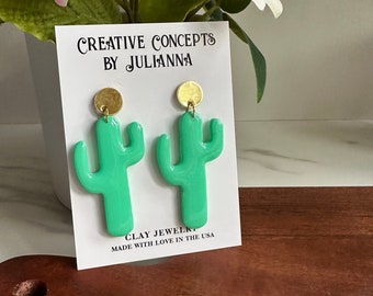 Cactus Polymer Clay Gold Circle Charm Dangle Earrings (for pierced ears)