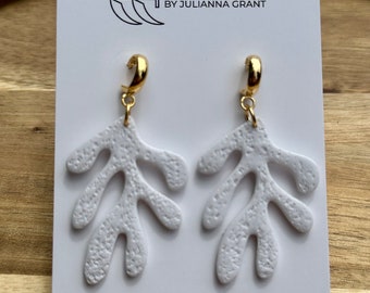 Handmade Polymer Clay White Coral Earrings (for pierced ears), textured coral earrings with brass connectors
