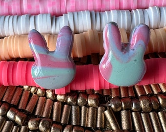 Handmade Mint Periwinkle Pink Marble Swirl Clay Bunny Stud Earrings for pierced ears