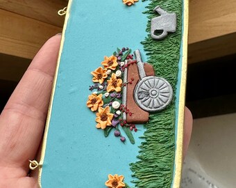 Sunflower wheelbarrow floral wall hang I clay flower wall art I clay floral decor