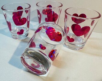 Pink heart shot glass set of 4 I heat glasses I shot glasses with holographic hearts