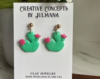 Small Flowered Cactus Polymer Clay Gold Circle Charm Dangle Earrings (for pierced ears)