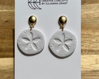 Handmade polymer clay white sand dollar earrings (for pierced ears), textured sand dollar earrings with dome post