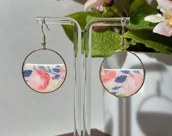 Handmade Polymer Clay Floral Blooms Print Half Circle Earrings with stainless steel gold dipped circle frame (for pierced ears)