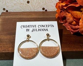 Copper beige rose gold glitter clay half circle dangle earrings for pierced ears II fall clay earrings I brown pink circle earrings