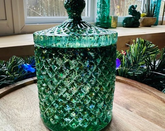 green holographic confetti glitter resin canister holder I sparkly resin jar with lid I embossed canister I q-tip dispenser