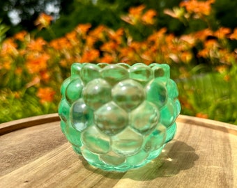 Transparent teal resin tea light holder, bubble resin candle holder, embossed candle bowl, plant dish