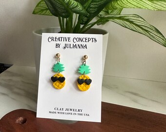 Yellow Pineapple with Heart Sunglasses Polymer Clay Dangle Earrings (for pierced ears)