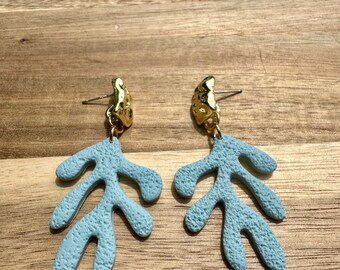 Handmade Polymer Clay Teal Coral Earrings (for pierced ears), textured coral earrings with brass connectors