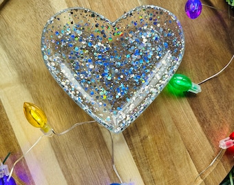 Silver holographic glitter resin heart dish I plastic heart dish I silver heart tray