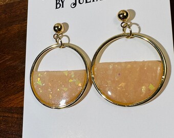 Copper beige rose gold glitter clay half circle dangle earrings for piercing ears II fall clay earrings I brown pink circle earrings