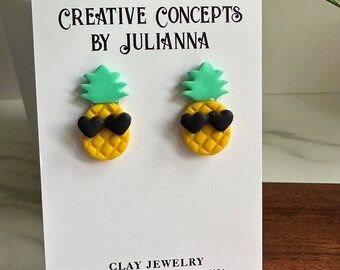 Yellow and Mint Pineapple with Heart Sunglasses Polymer Clay Stud Earrings (for pierced ears)