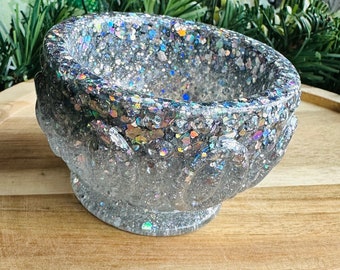 Silver rainbow holographic confetti glitter resin tea light holder I sparkly resin candle holder I embossed candle bowl I plant dish