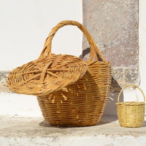 May include: Two woven wicker baskets, one large with a lid and a smaller one with a handle. The baskets are light brown and have a natural, rustic look.