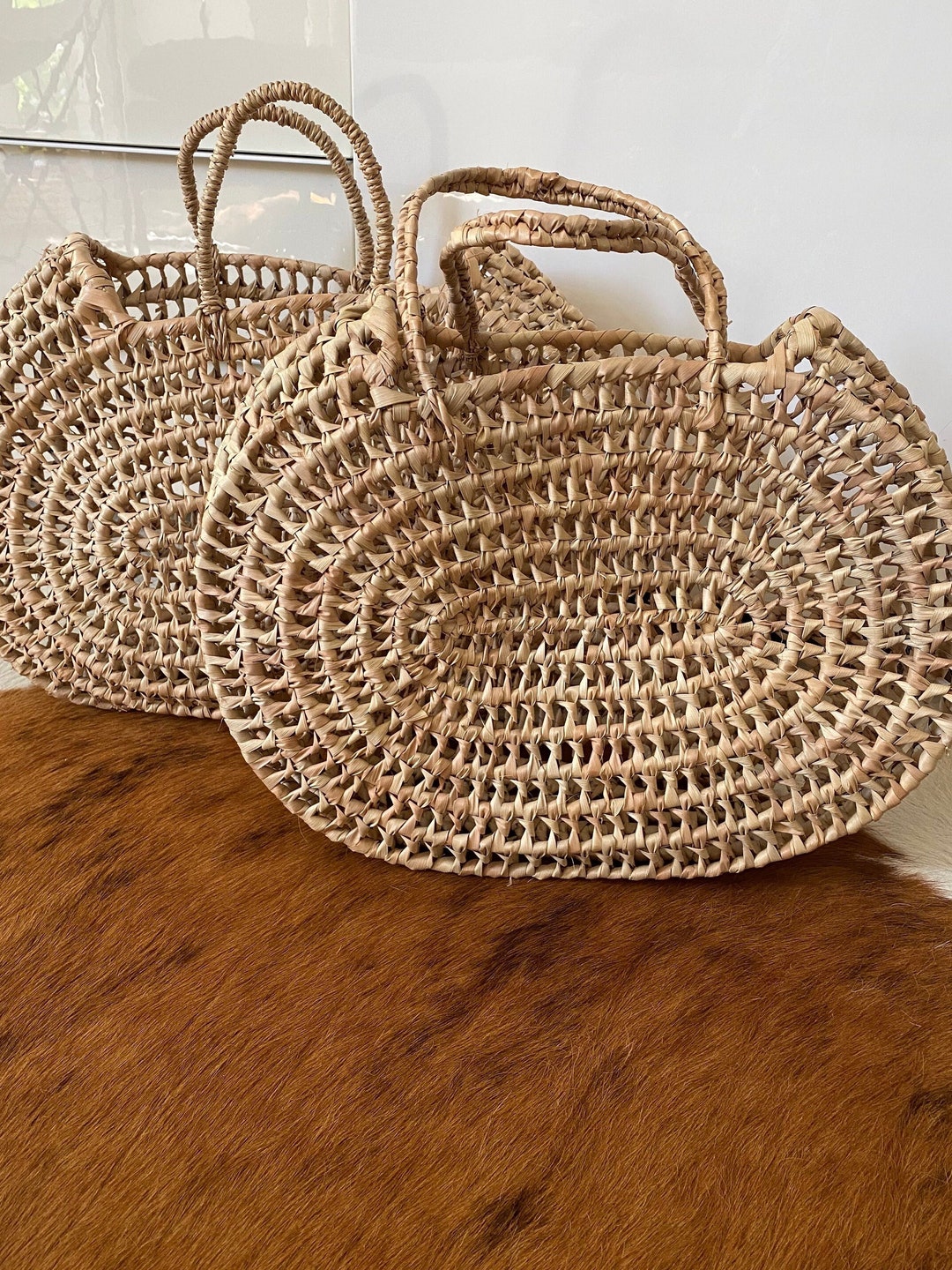 Palm Basket With Two Handles Open Work Palm Basket - Etsy