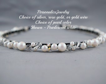 HAIRBAND - Bridal Wedding headband, Pearls hair band, Beaded black metal headband, Gift for Bridesmaid, Brunette hair accessories, Crystals