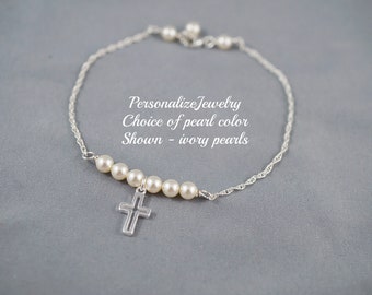 DELICATE cross bracelet, Sterling silver, Religious jewelry, Holy Communion gift, Tiny pearl delicate handmade chain custom length option