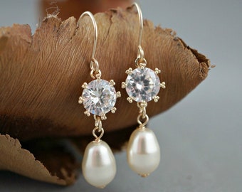 BRIDAL EARRINGS - Pearl with Cubic Zirconia Swarovski pear shaped pearl Gold Simple earring gift Bridesmaid jewelry drop ivory white cream