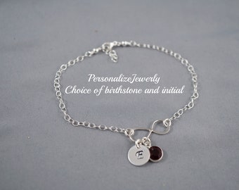 INFINITY BRACELET - Birthstone Bracelet, Personalized Infinity Bracelet with Birthstone Charm, Swarovski Crystals, Bridal Bridesmaid gifts