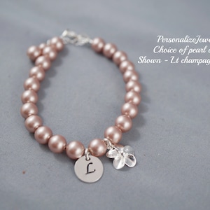 Girl Bracelet | Initial Jewelry with Flower Charm | Pearl Bracelet | Swarovski Sterling Silver Jewelry | Flower Girl Gift | Children&#39;s Gift