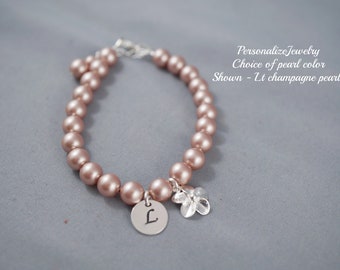 Girl Bracelet | Initial Jewelry with Flower Charm | Pearl Bracelet | Swarovski Sterling Silver Jewelry | Flower Girl Gift | Children's Gift
