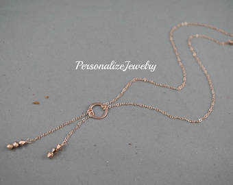 14K Rose Gold Filled Necklace | Simple Delicate Circle Pendant | Dainty Y Necklace with Swarovski Crystal | Holiday Present Gift for Her