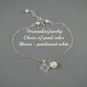Personalized Bridesmaid Bracelet | Hand-Stamped Initial & Heart Charm | Sterling Silver Pearl Bracelet | Wedding Gift for Her
