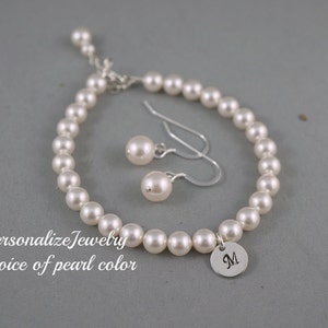 HAND STAMPED Personalized Round Bracelet with Earrings Set Bridesmaid Initial Charm Delicate Sterling Silver Jewelry Set Handmade Swarovski image 1