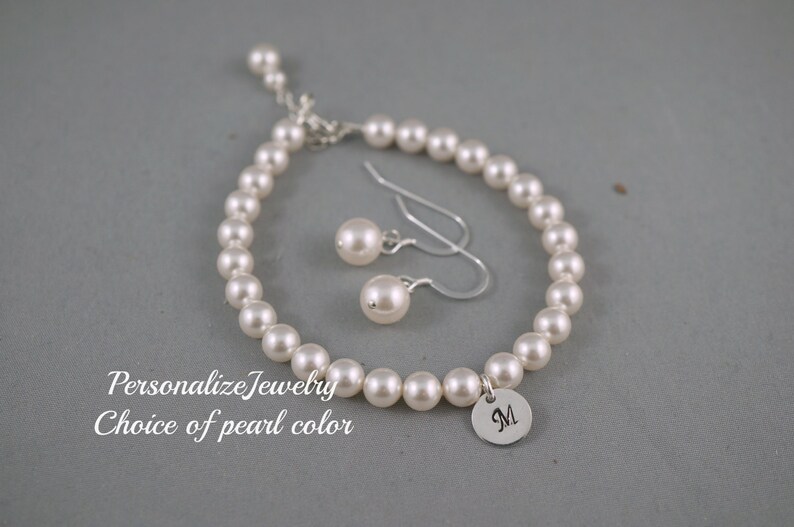 HAND STAMPED Personalized Round Bracelet with Earrings Set Bridesmaid Initial Charm Delicate Sterling Silver Jewelry Set Handmade Swarovski image 1