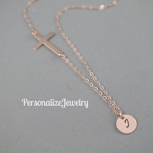 Side Cross Necklace with Initial | 14K Rose Gold Filled Jewelry | Delicate Handmade Gift | Christmas Gift for Her | Hand Stamped Religious