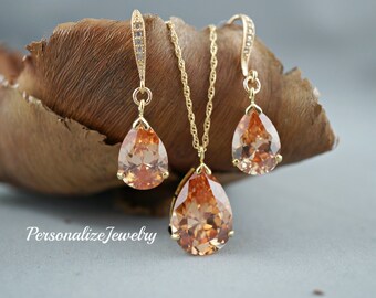 Topaz Necklace Earrings Set, Fall Wedding Jewelry, Topaz Teardrop, Cubic Zirconia Drop, 14k Gold Filled Chain, Pendant Necklace, Large