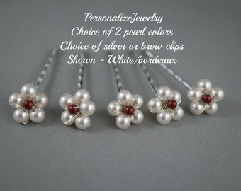 Pinces à cheveux de mariage, pinces à cheveux de perle de mariage de fille de fleur, épingles à cheveux brunes, accessoire de cheveux de perle, pinces à cheveux de demoiselle d'honneur, clip de perle ensemble de 5