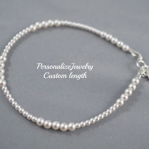 Tiny Pearl Bracelet | 2mm 3mm Swarovski White Pearl | Delicate Sterling Silver Puff Heart Charm Bracelet | Gift for Her