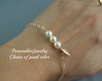 14K GOLD FILLED Delicate Leaf Charm Bracelet Simple Jewelry Fall Wedding Bridesmaid Gift Pearl in Row Bracelet Bridal Party Gifts Champagne