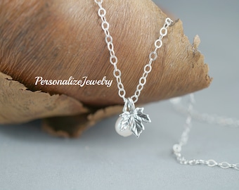 LEAF charm necklace sterling silver maple leaf charm freshwater rice pearl flower girl gift fall wedding jewelry bridal gift nature jewelry