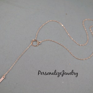 14k Rose Gold-Filled Lariat Necklace | Rose Gold Bar Drop Necklace | Simple Delicate Design | Dainty Long Necklace | Y Necklace Style