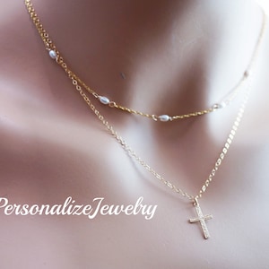 14K Gold Filled Cross Double Layer Necklace | Delicate Two-Layer Jewelry | Religious Holy Communion Gift | Gold Cross Charm | Free Shipping