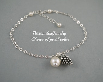 CHARM BRACELET - Pine Cone Charm bracelet Sterling silver Bracelet Pearl Bridesmaid Gifts Junior Wedding Jewelry Wear Bracelet Fall Wedding